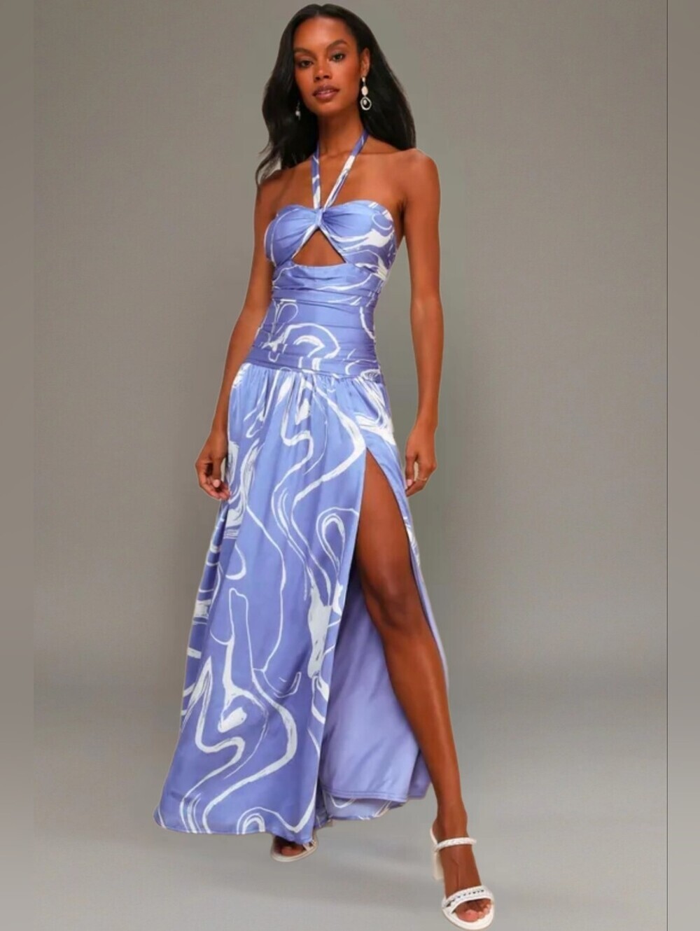 NWT Lulus Ultimate Desire Periwinkle Abstract Print Satin Dress. Size L. Ret $88